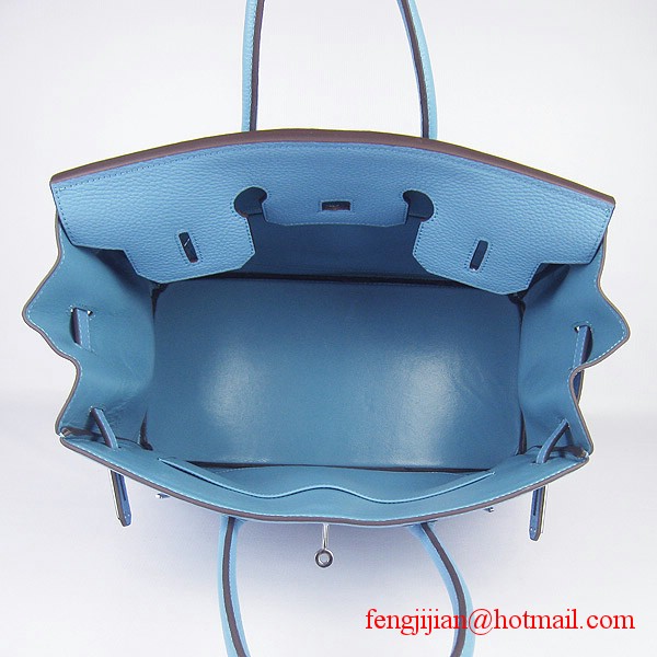 Hermes 35cm Embossed Veins Leather Bag Light Blue 6089 Silver Hardware